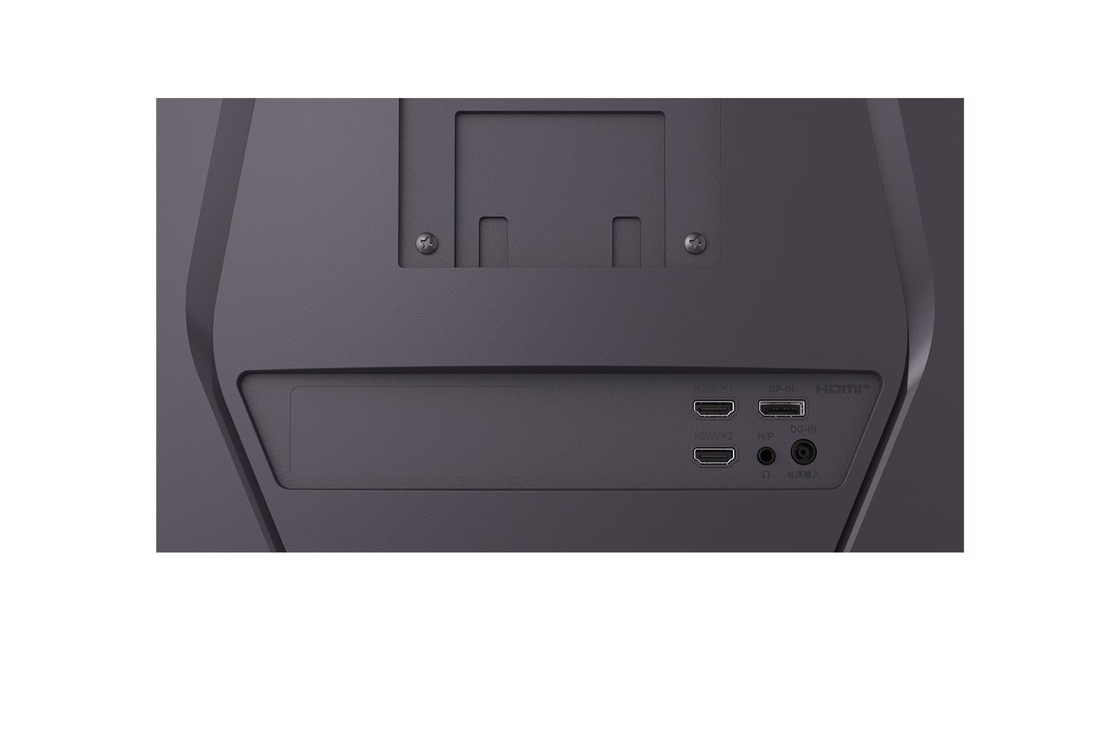 Sötétszürke monitor hátulja, HDMI, DP és DC-IN portokkal. Tartalmaz egy tápbemenetet és egy fejhallgató-csatlakozót.