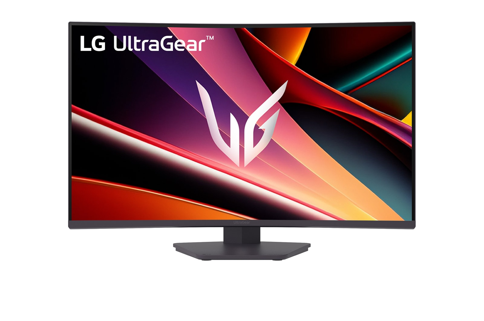 LG UltraGear ívelt monitor. A kijelző színes, absztrakt dizájnt mutat a márka logójával a közepén, fekete alappal és fehér háttérrel.