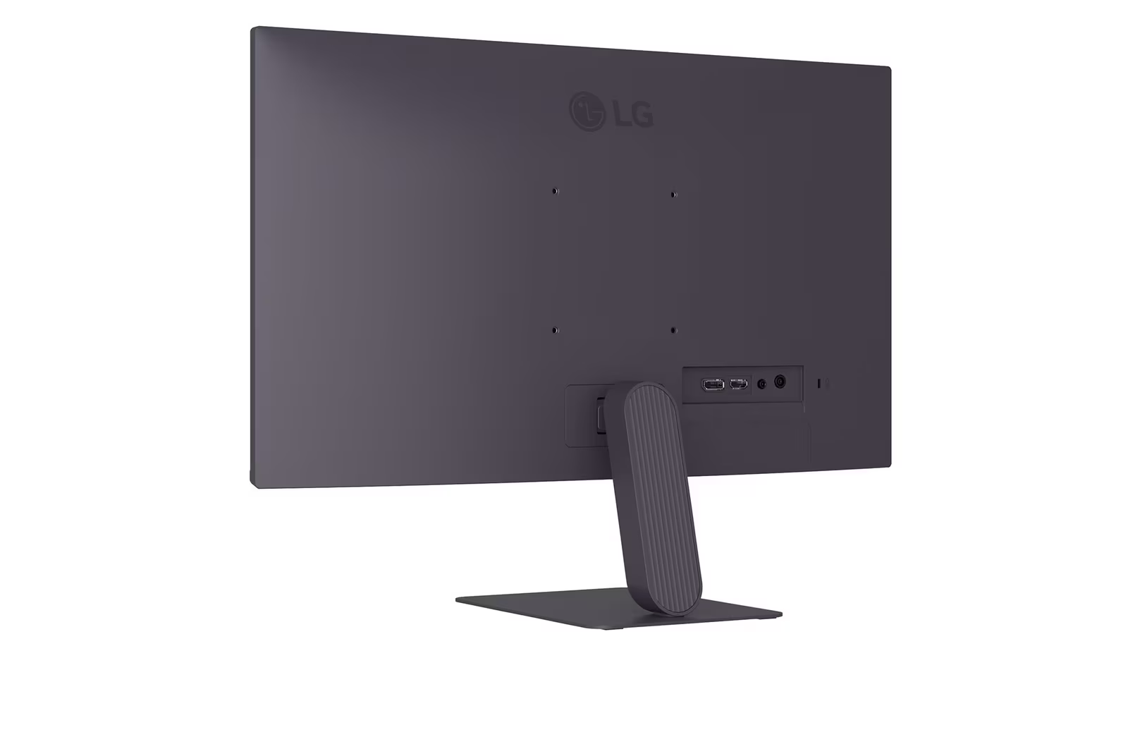 Egy sötétszürke LG monitor hátulról. Van egy állványa, portjai és az LG logója. A háttér fehér.
