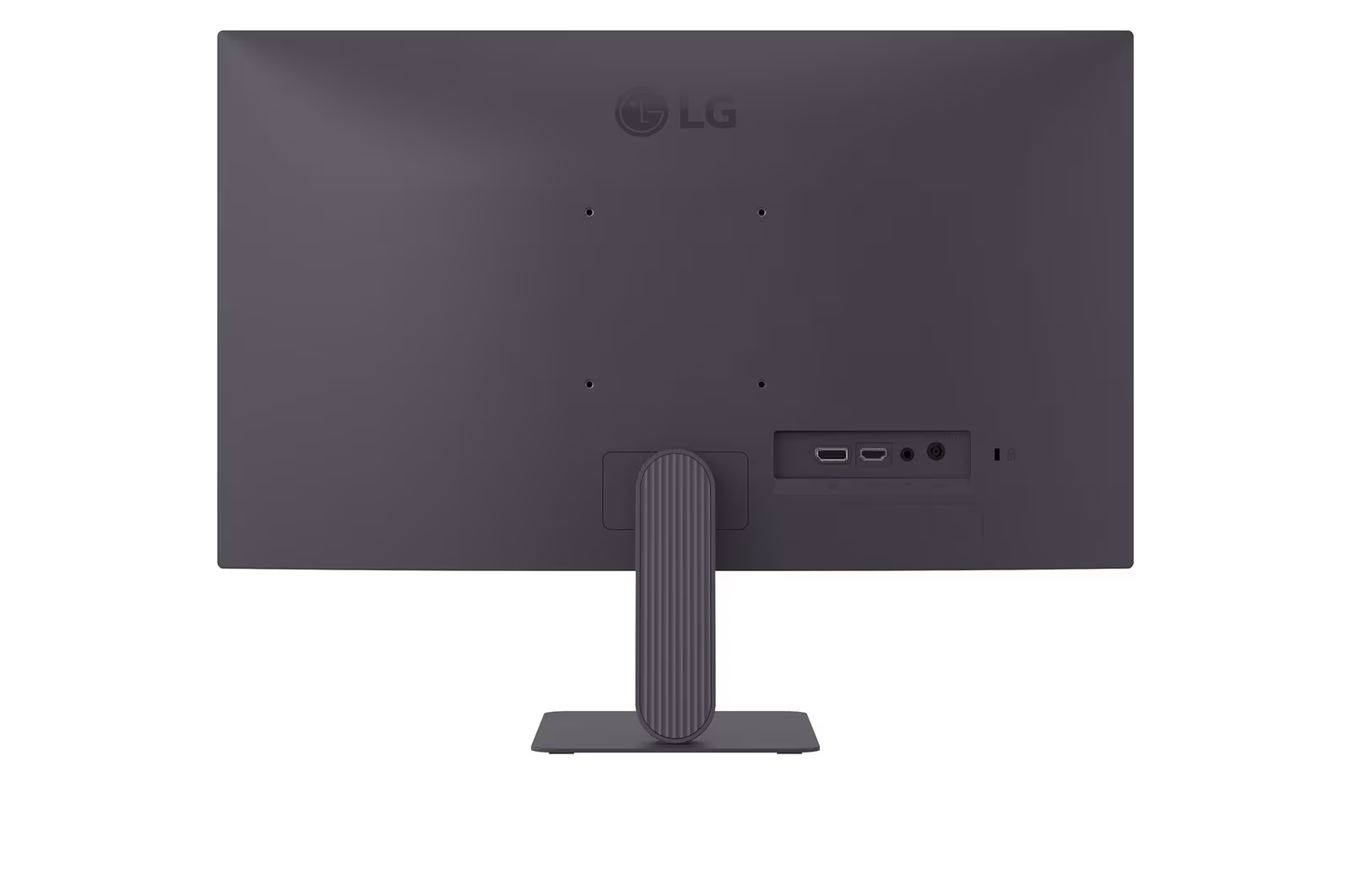 Egy LG monitor hátulnézete, sötétszürke. Csatlakozókkal és állvánnyal. Az LG logója a tetején középen.