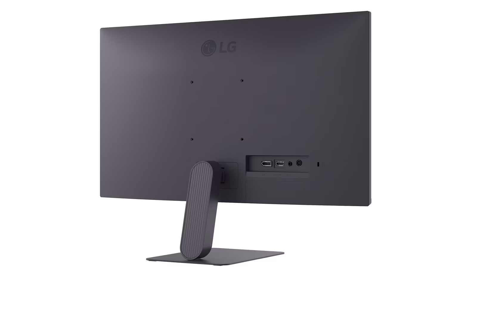 Egy sötétszürke LG monitor hátulnézete. Láthatóak a portok és az állvány. A tetején az LG logó.