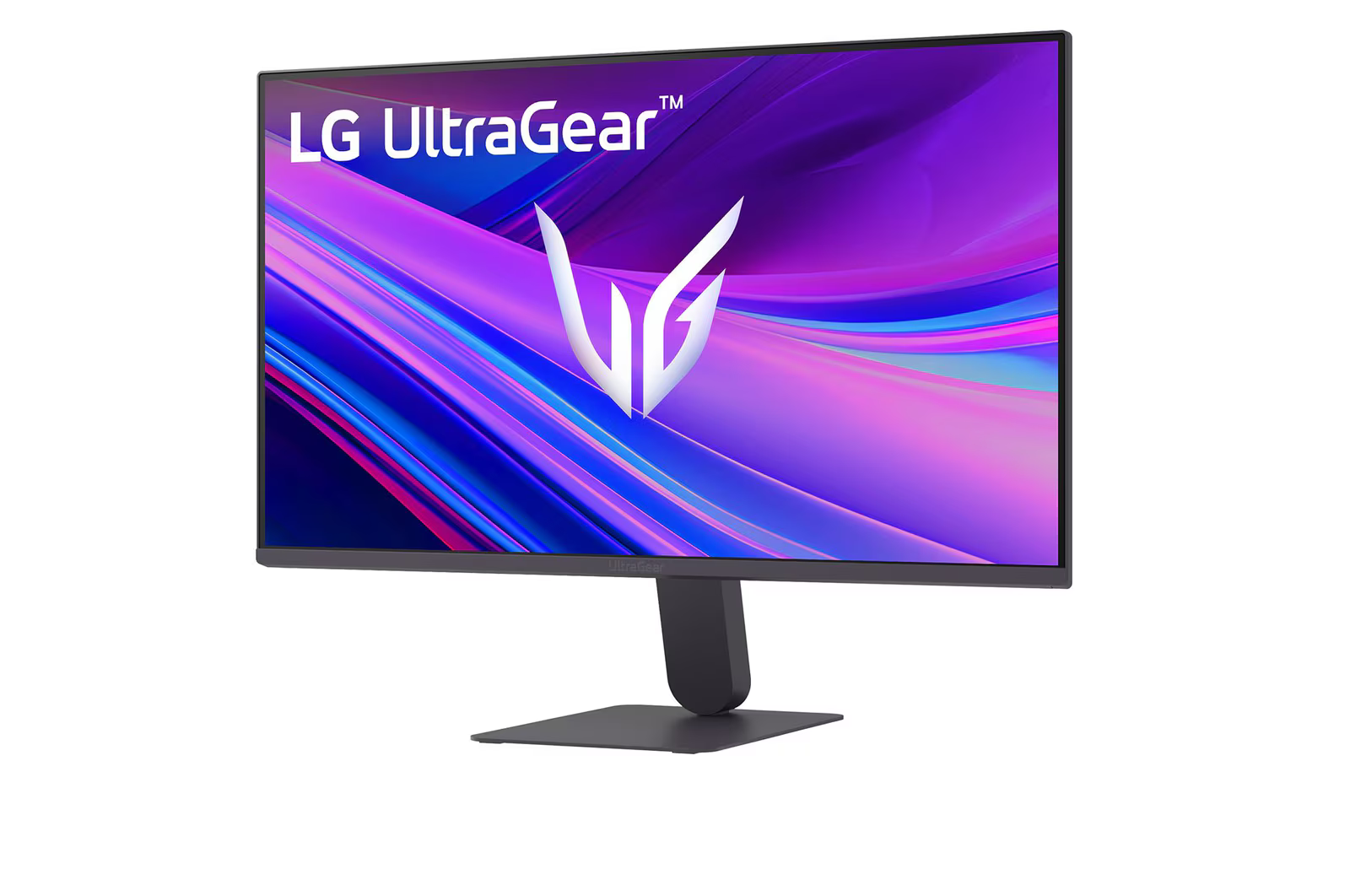 LG UltraGear monitor fehér háttérrel. A képernyő absztrakt lila, kék és rózsaszín színeket mutat. A monitor fekete és van egy állványa.