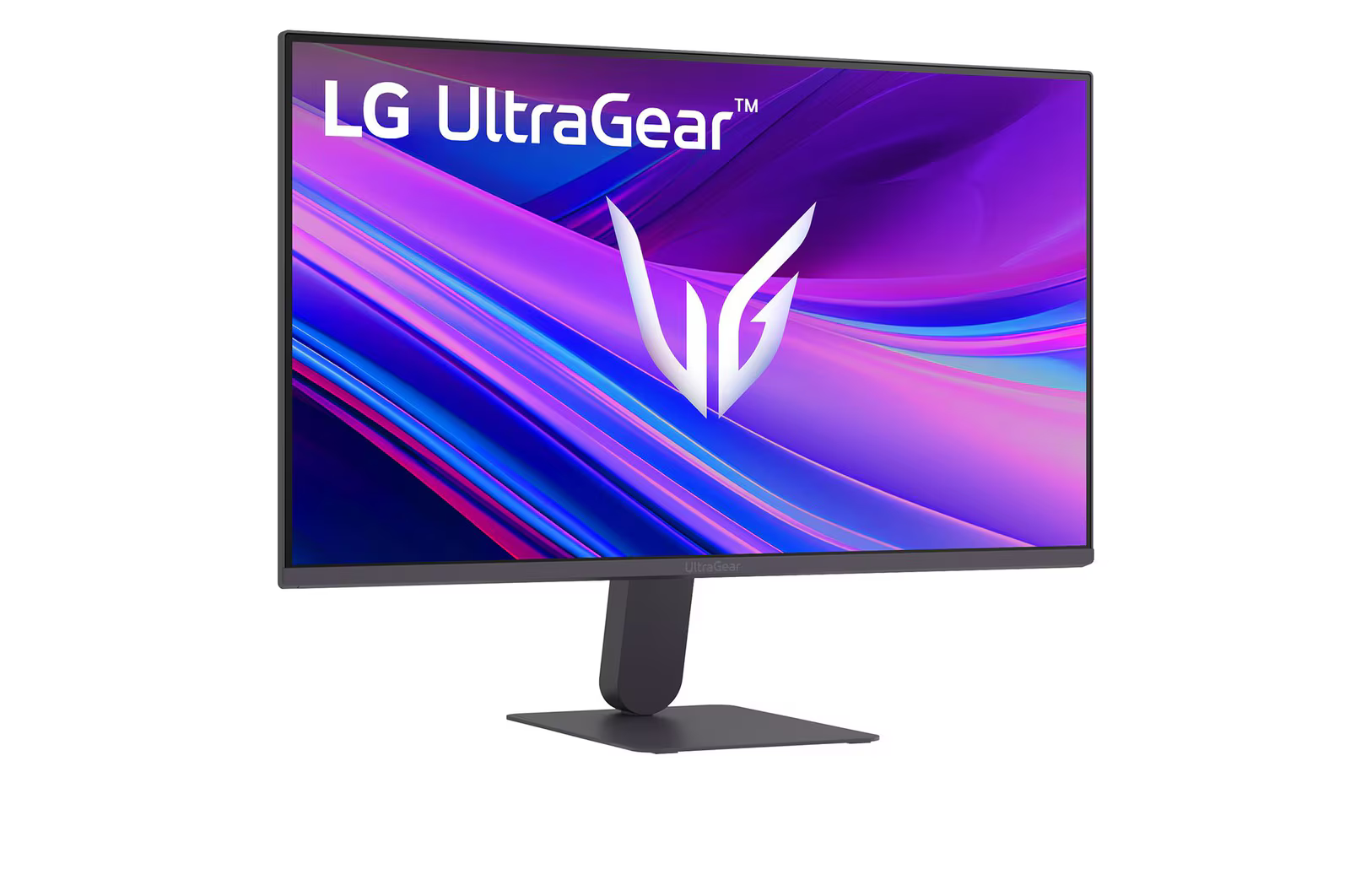 LG UltraGear monitor élénk lila és kék absztrakt háttérrel, fehér logóval és fekete állvánnyal, fehér alapon.