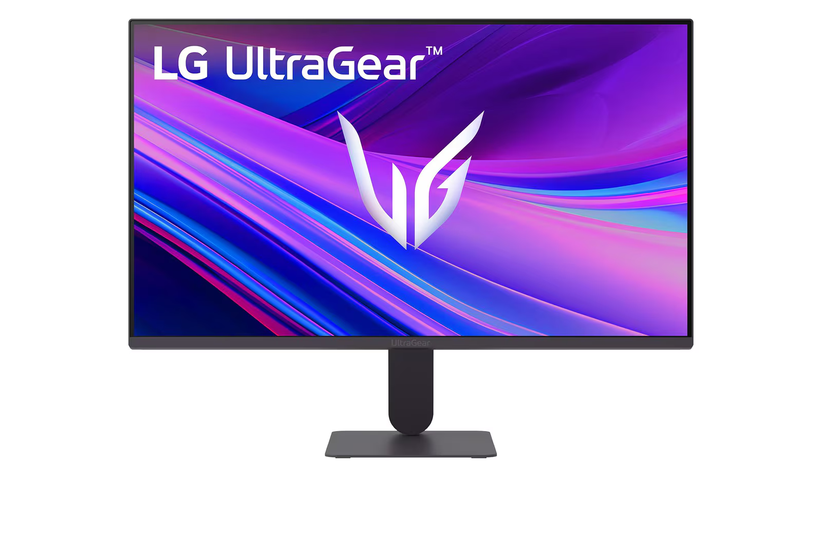 LG UltraGear monitor. A képernyő lila és kék színekben egy áramló absztrakt dizájnt mutat. Az állvány fekete.