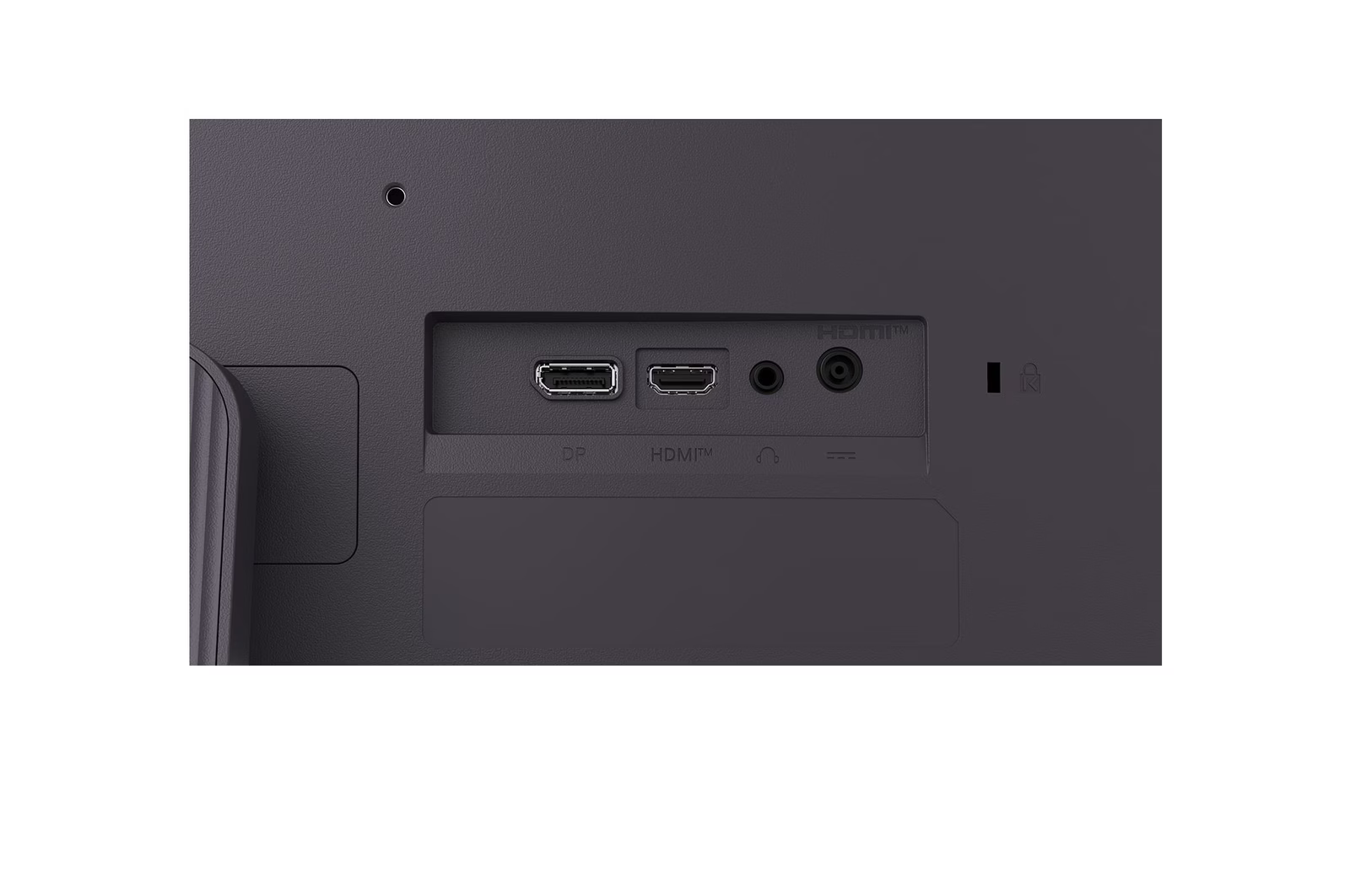 A monitor hátulnézete portokkal: DP, HDMI, audio és tápellátás. Sötétszürke szín, lakatszimbólummal.