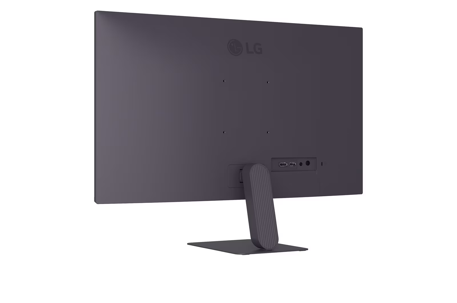 Egy sötétszürke LG monitor hátulnézete fehér háttérrel. A monitoron állvány és portok találhatók.