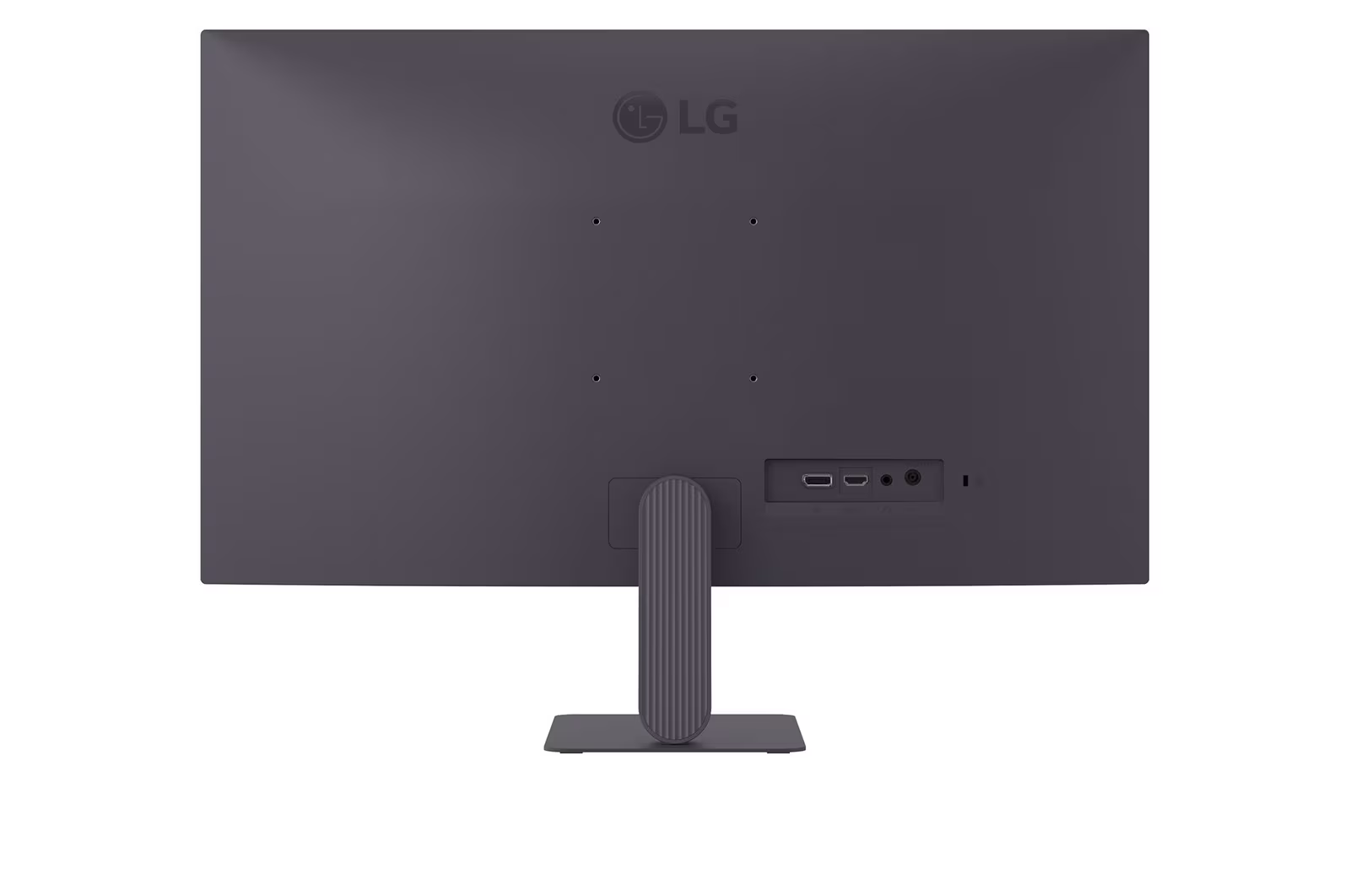 Egy sötétszürke LG monitor hátulról. Portokat, állványt és az LG logót mutatja. A képernyő egyszínű sötétszürke.