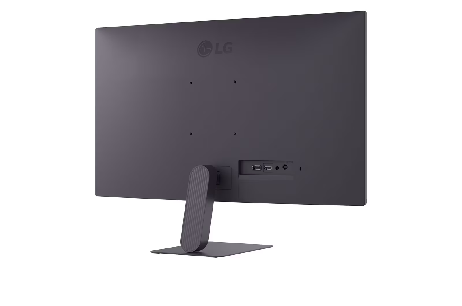 Egy sötétszürke LG monitor hátulról. Állványa és csatlakozói vannak alul. A tetején az LG logója látható.