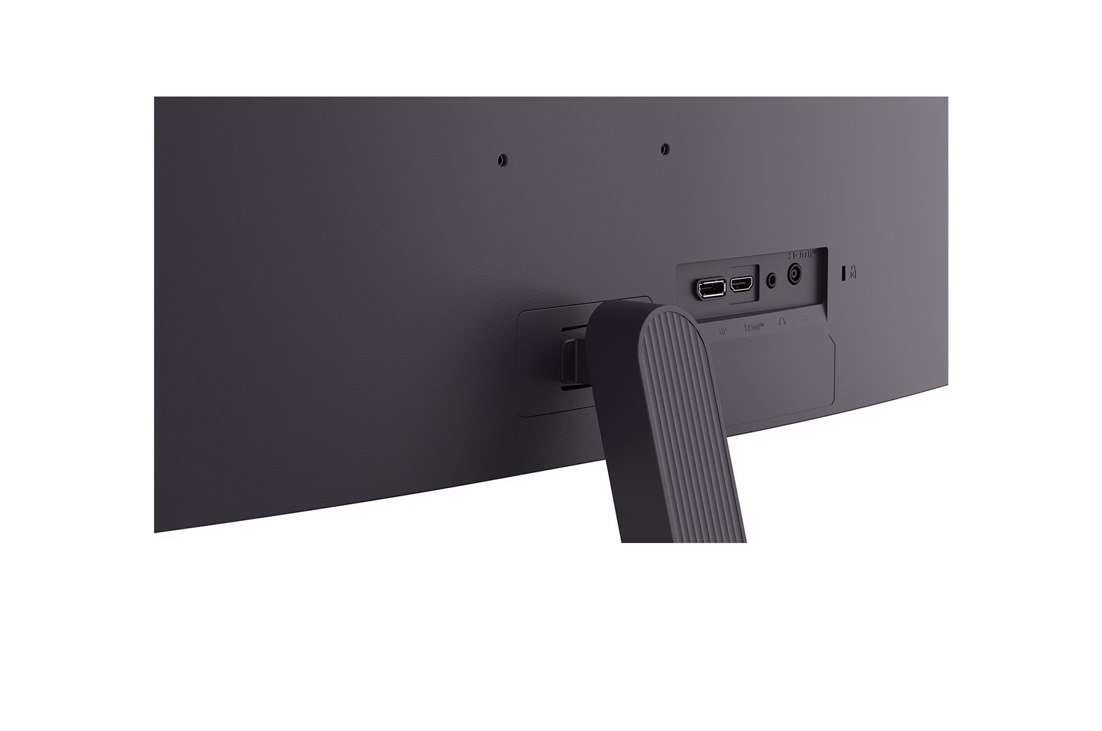 Egy sötétszürke számítógép-monitor hátulja, portokkal: USB, HDMI, tápellátás és audio. Egy állvány van rögzítve.