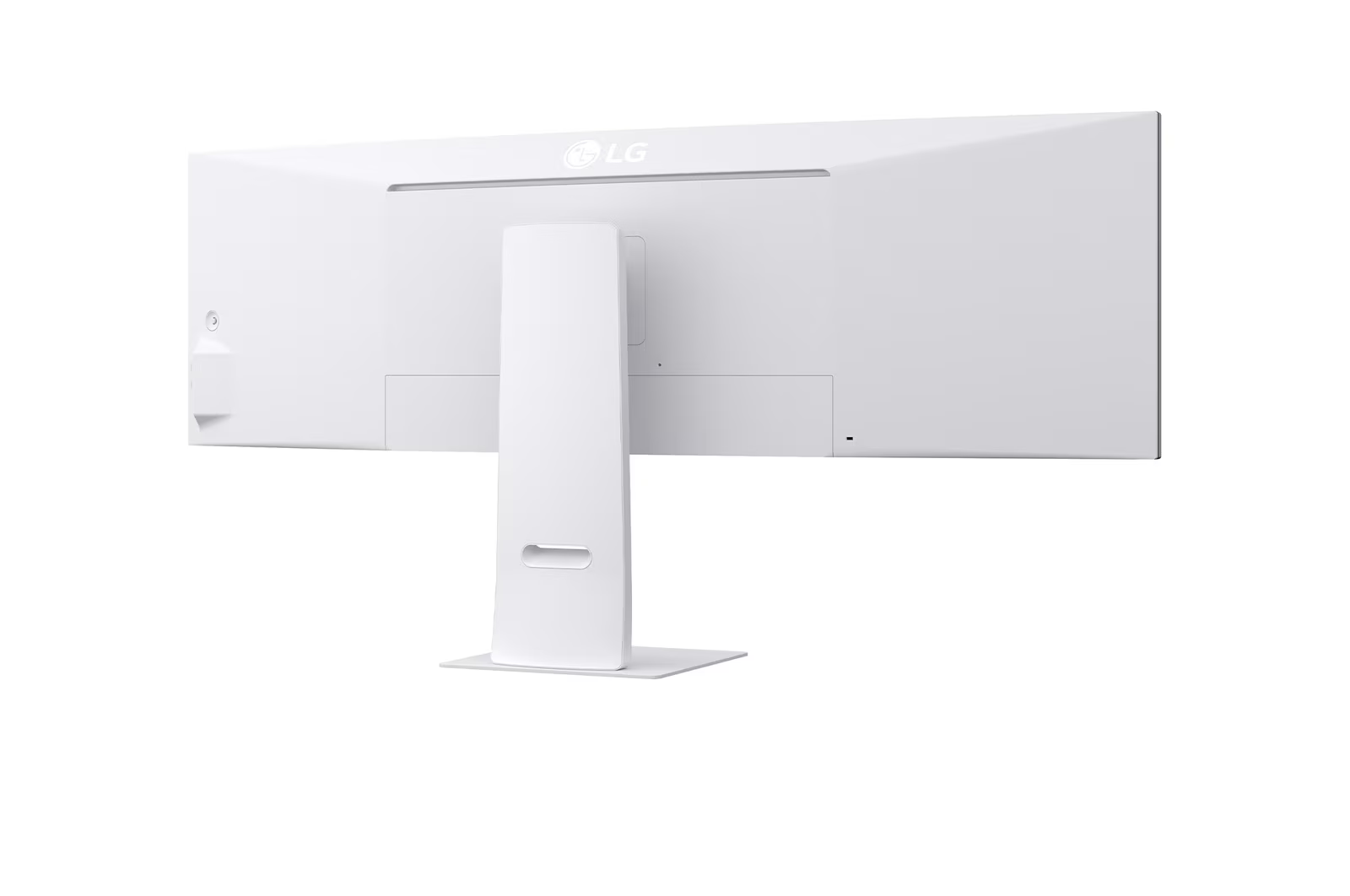 Egy fehér LG monitor hátulja. Fehér állványon van. Az LG logó látható.