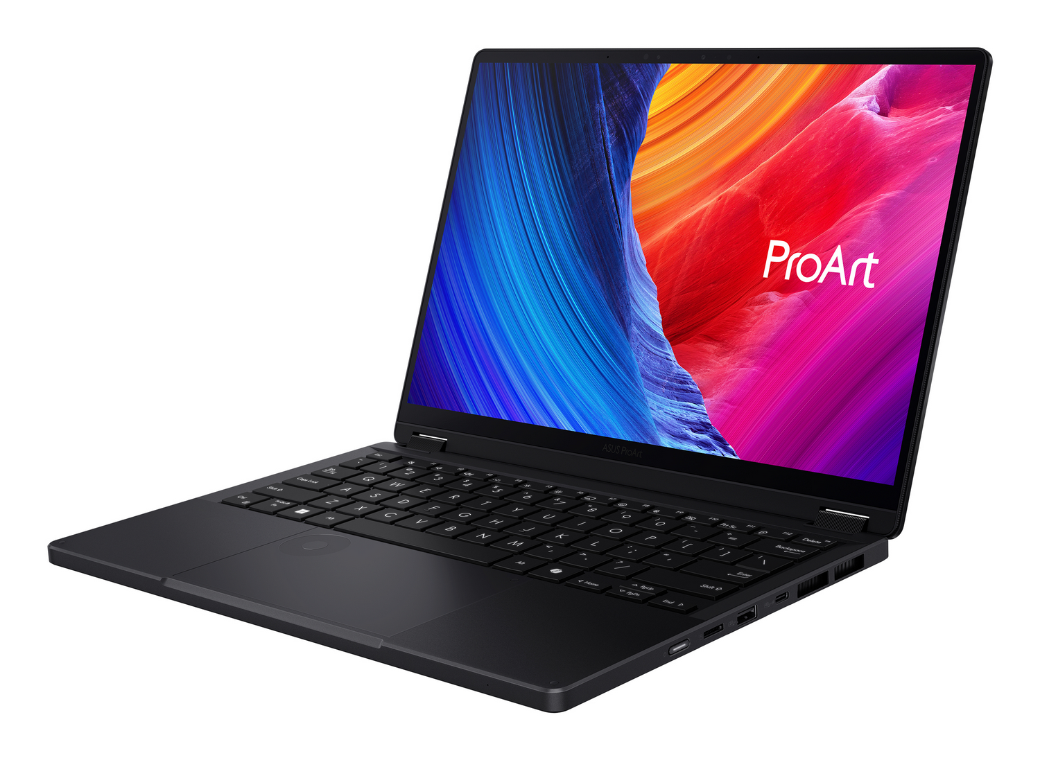 Un portátil negro con la pantalla abierta. La pantalla muestra una imagen abstracta colorida. El teclado es visible, y el portátil está sobre una superficie blanca.