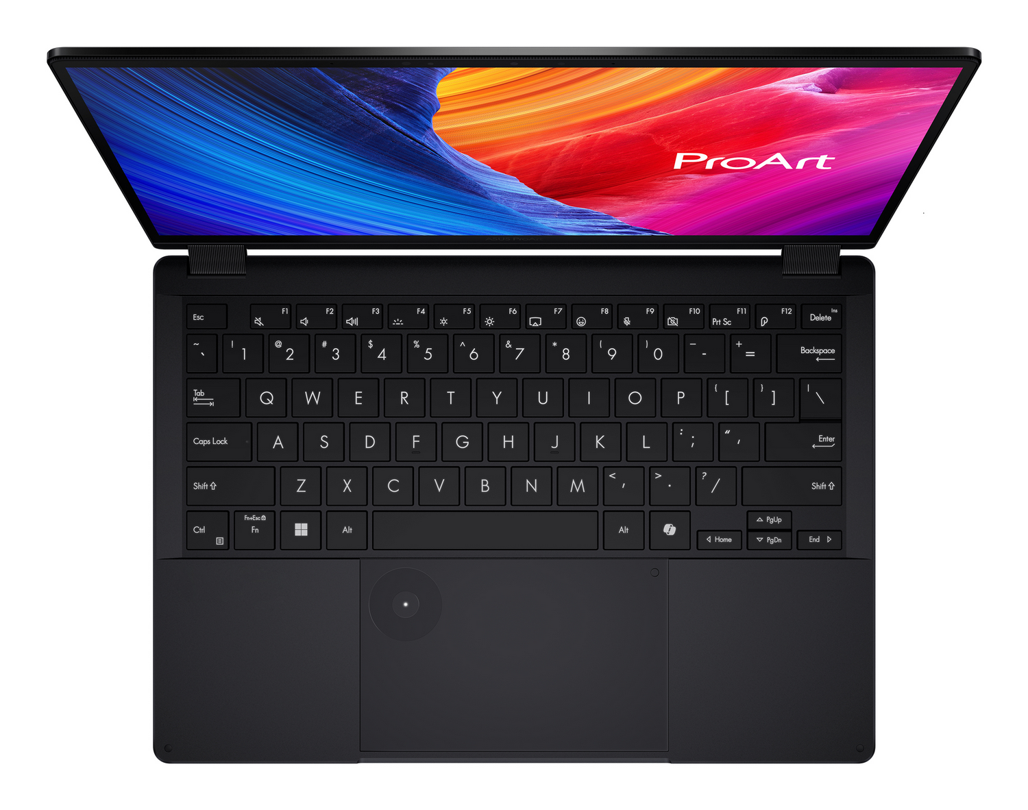 Un portátil negro con la pantalla abierta. La pantalla muestra una imagen abstracta colorida. El teclado es visible.