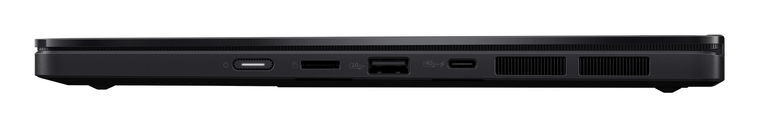 Vista lateral de un portátil negro. Se ven puertos USB, Thunderbolt y rejillas de ventilación, todo sobre un fondo blanco.