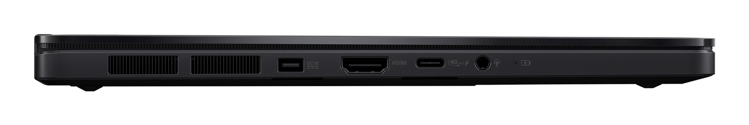 Vista lateral de un portátil negro. Puertos visibles: USB, HDMI y conector de audio. También hay rejillas de ventilación.