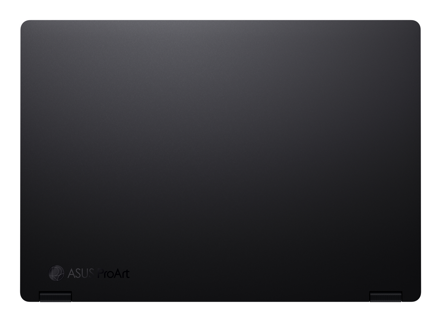 Parte trasera de un portátil negro. Logotipo de ASUS ProArt en la parte inferior. Bisagras y superficie texturizada visibles.