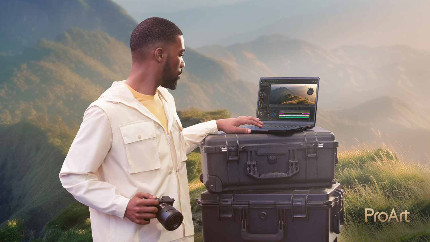 Un hombre con cámara mira una laptop sobre maletas negras con montañas. La laptop muestra un software de edición de video.