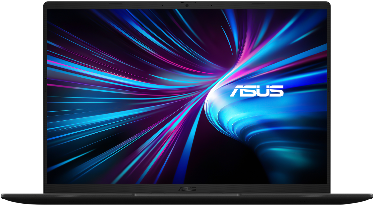 Portátil ASUS negro. La pantalla muestra líneas abstractas azules, rosas y moradas. El logotipo de ASUS está en la pantalla y en la parte inferior.