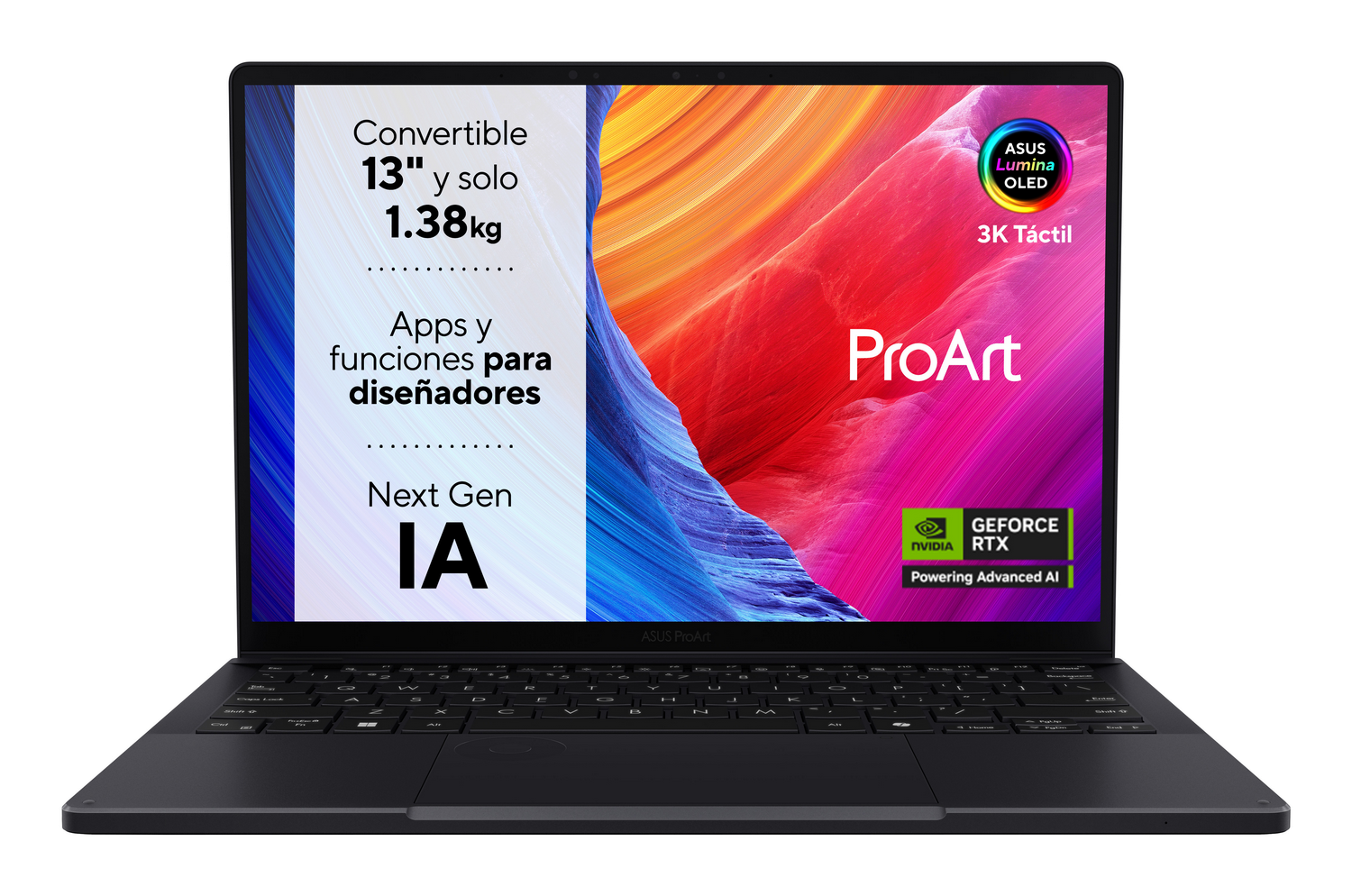 Portátil negro con pantalla colorida. Texto: ProArt, convertible 13", Nvidia GeForce RTX, y características para diseñadores.