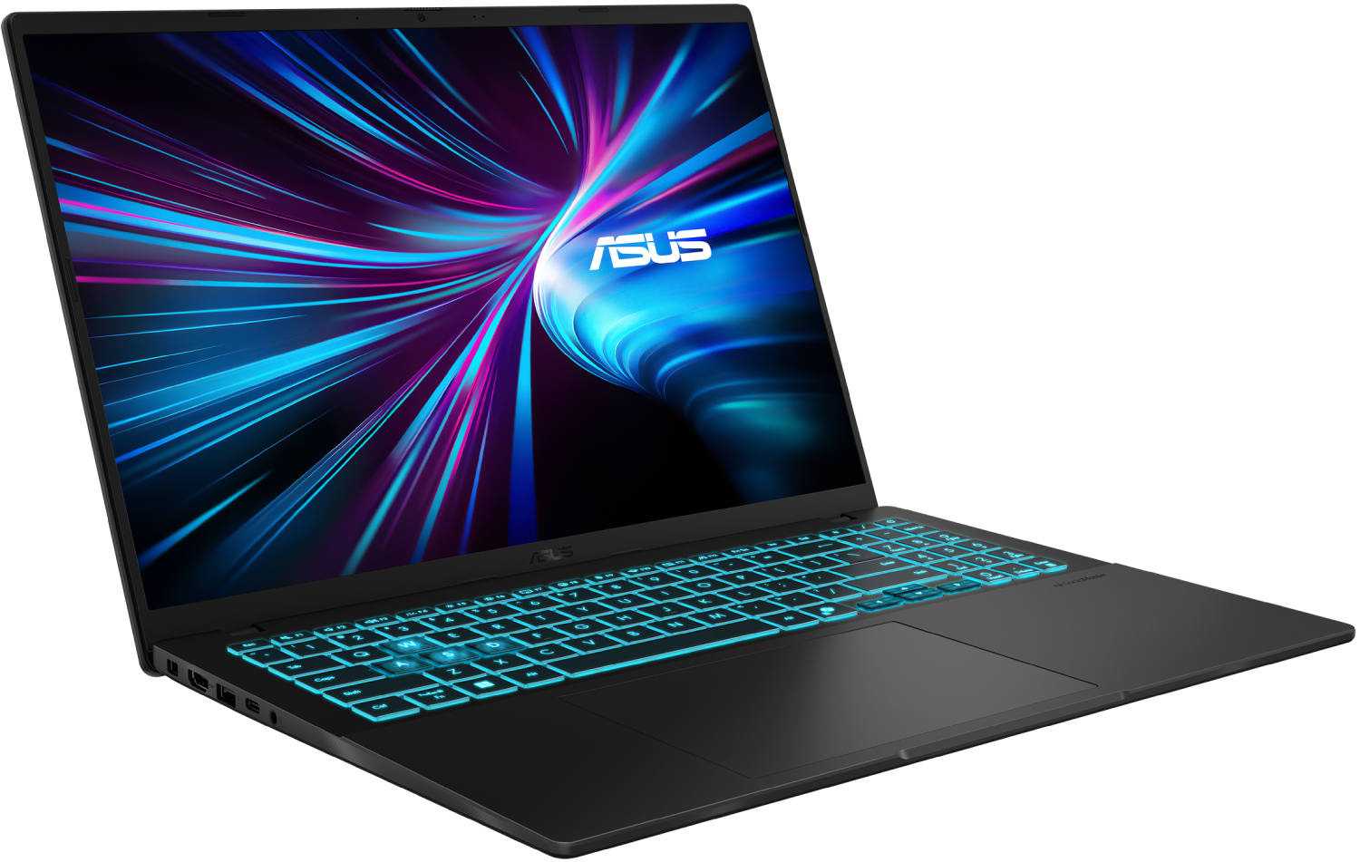 Laptop ASUS negro con teclado iluminado. Pantalla con rayas azules y moradas. Logotipo ASUS visible.