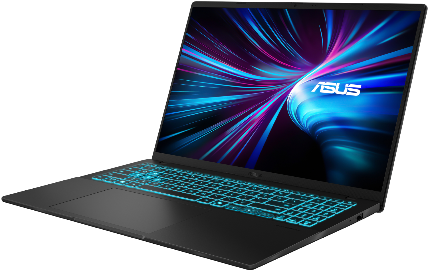 Un portátil ASUS negro con teclado azul brillante. La pantalla muestra líneas abstractas azules y moradas. El logotipo de ASUS es visible.