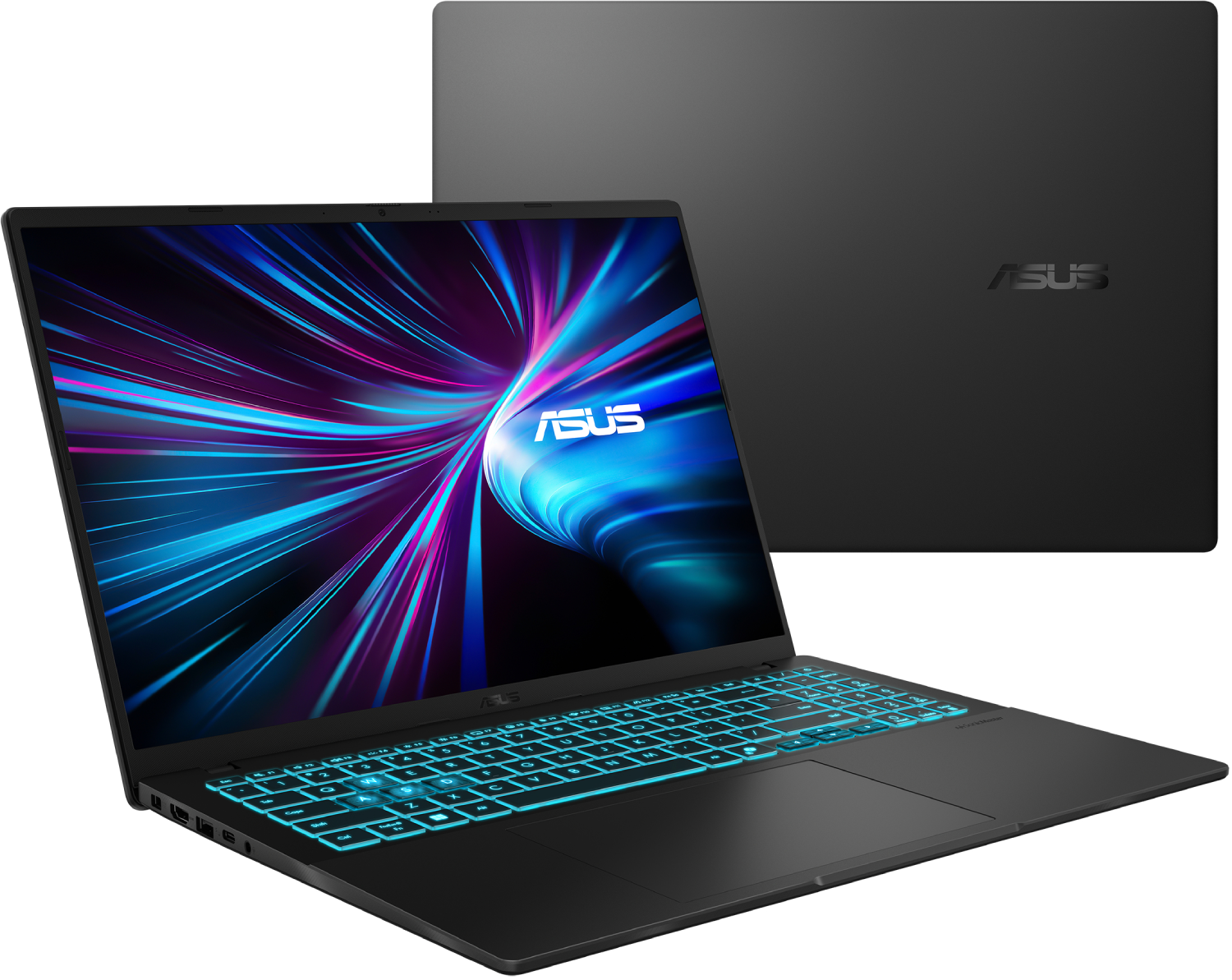 Portátil ASUS negro con teclado retroiluminado azul, abierto y tapa cerrada detrás. Pantalla muestra un remolino azul y rosa.
