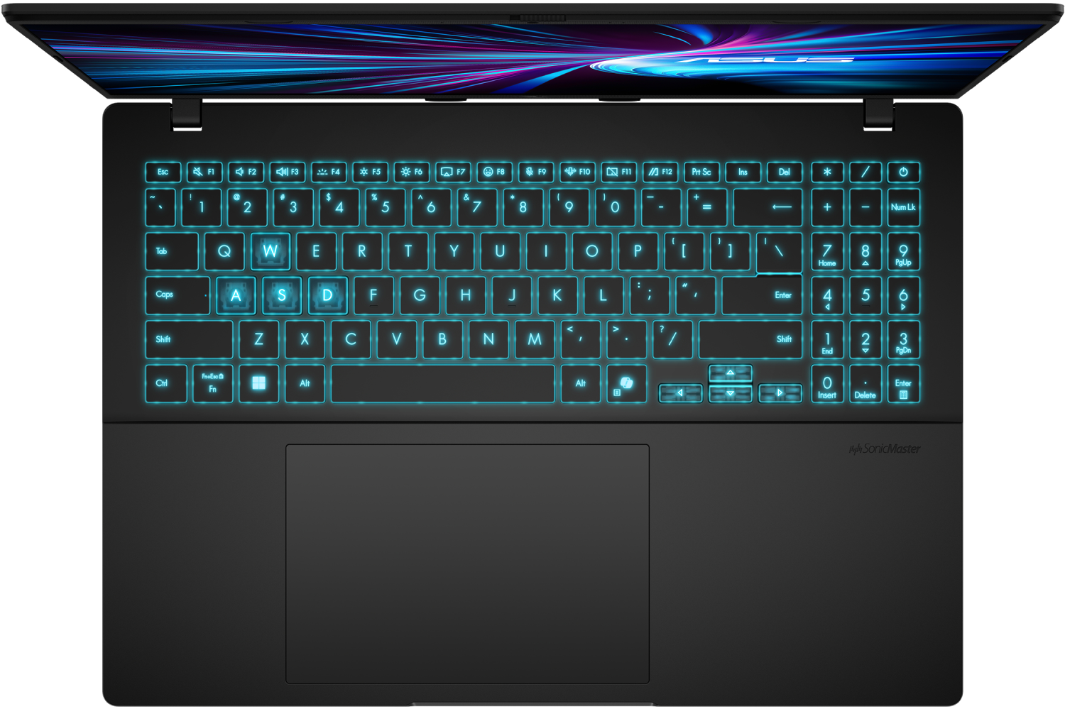Un portátil negro con teclado iluminado está abierto. La pantalla muestra un diseño colorido. Las teclas del teclado se iluminan en turquesa.