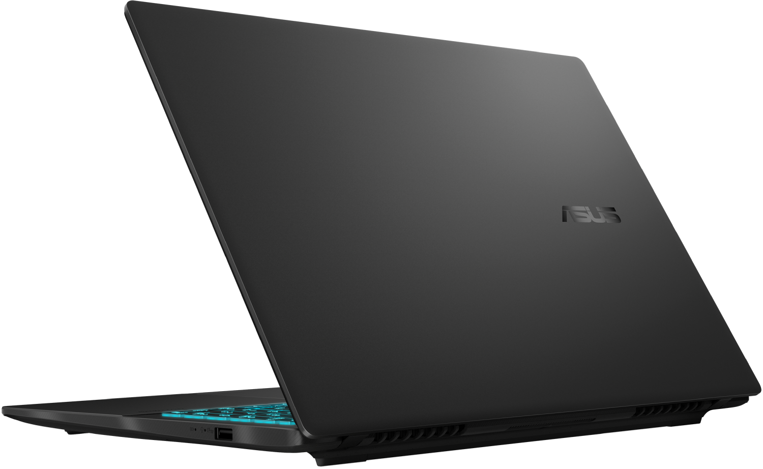 Un portátil ASUS negro está abierto. El teclado tiene retroiluminación azul. El logotipo de ASUS es visible.