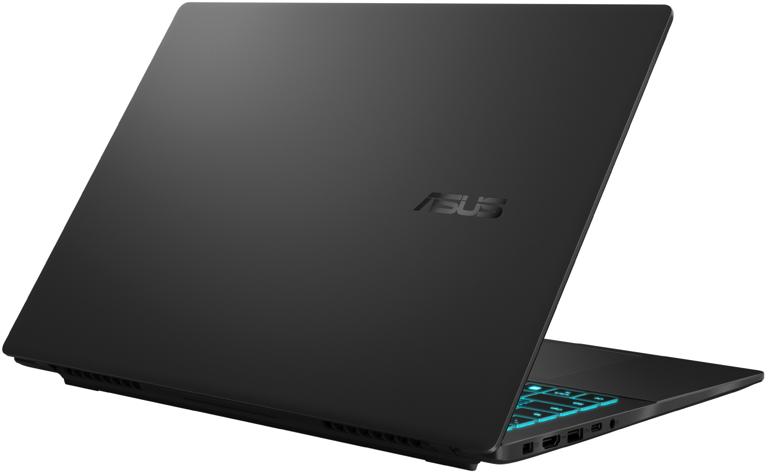 Un portátil ASUS negro está ligeramente abierto, mostrando el teclado con retroiluminación azul. El logotipo de ASUS es visible.