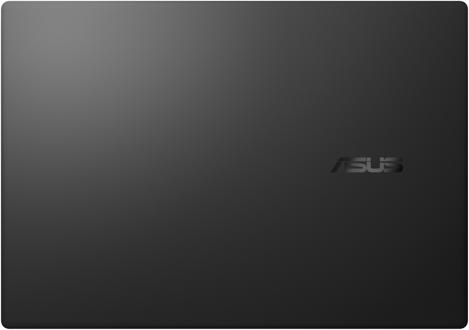 Tapa de portátil gris oscuro con el logotipo de ASUS en la esquina inferior derecha. La superficie tiene un degradado sutil.