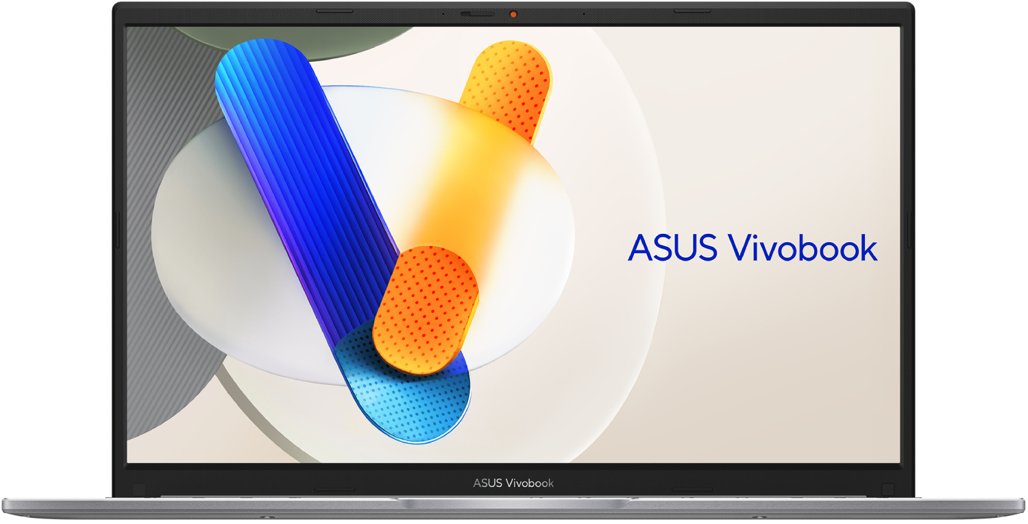Portátil ASUS Vivobook con diseño abstracto en pantalla, con formas azules, naranjas y blancas. El portátil es plateado.