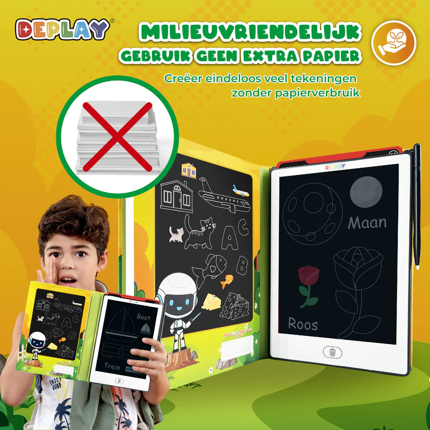A child holds a drawing tablet, displaying drawings of a boat, train, and other images. Background has the tablet in use, with a rose.