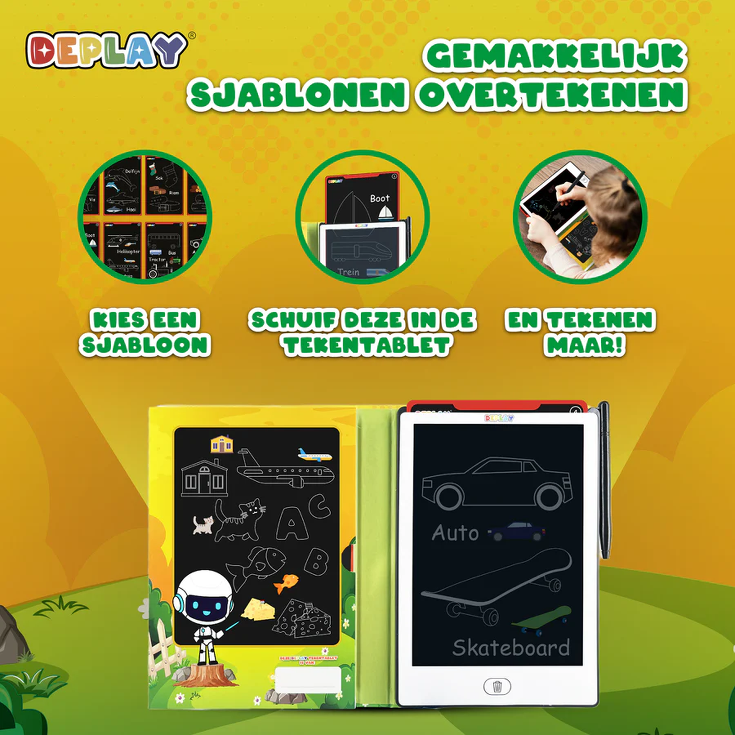 An advertisement shows a drawing tablet with stencils. The tablet is used to trace shapes, with examples like a car and skateboard.