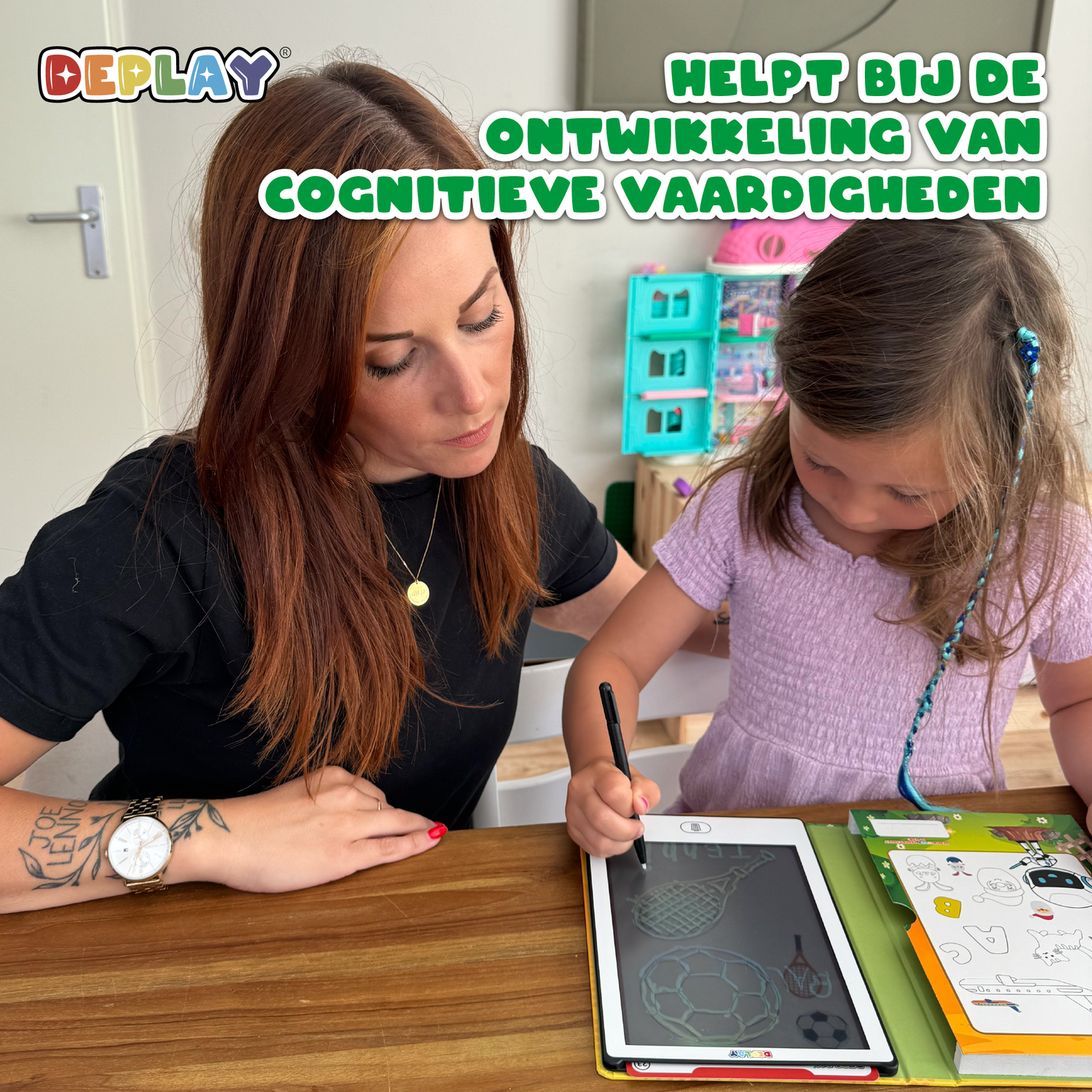 A woman helps a girl draw on a tablet. The tablet shows drawings of sports equipment. Text says: Helps in the development of cognitive skills.
