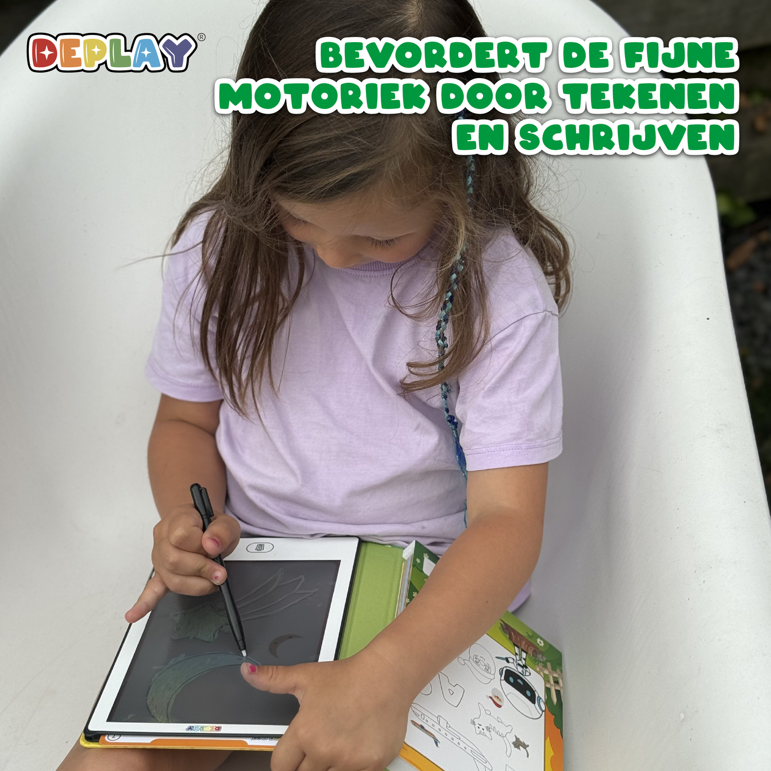 A girl in a lilac shirt drawing on a tablet with a pen, sitting in a white tub. Green text above says, 'Promotes fine motor skills'.