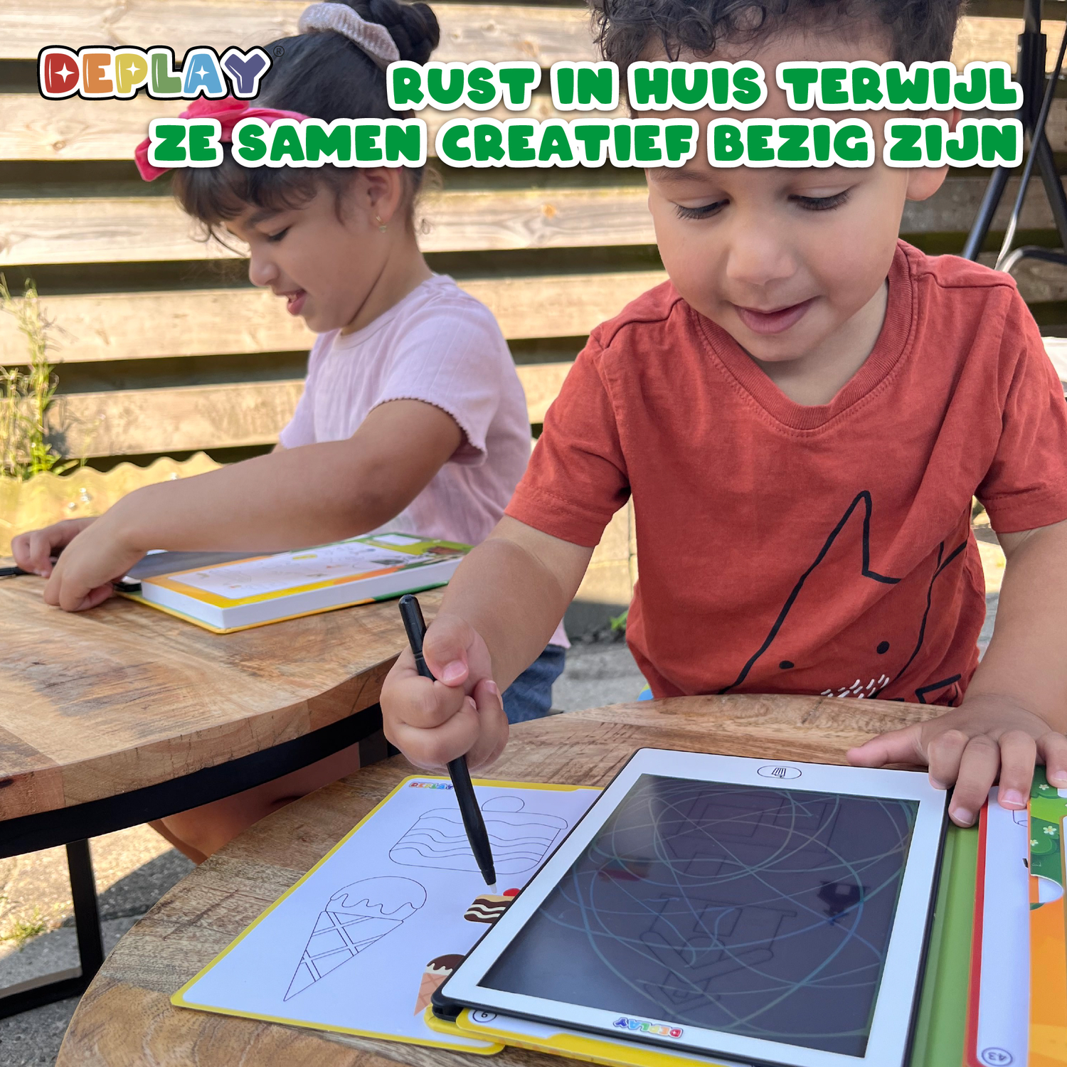 Two children drawing on tablets. One holds a pen. Books are on a wooden table. A sign says 'Deplay' and text above them.
