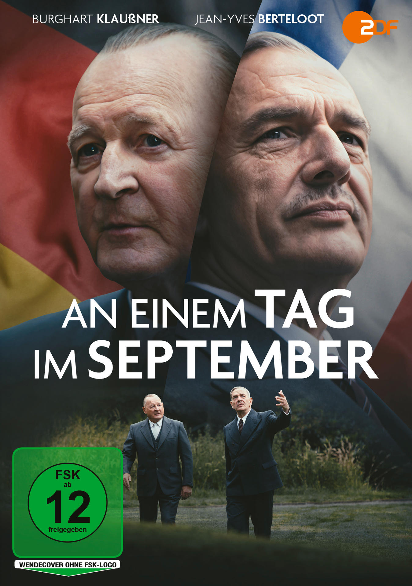 Poster mit zwei Gesichtern, Titel 'An einem Tag im September' und zwei Männern in Anzügen auf einem Feld. FSK 12 Logo.