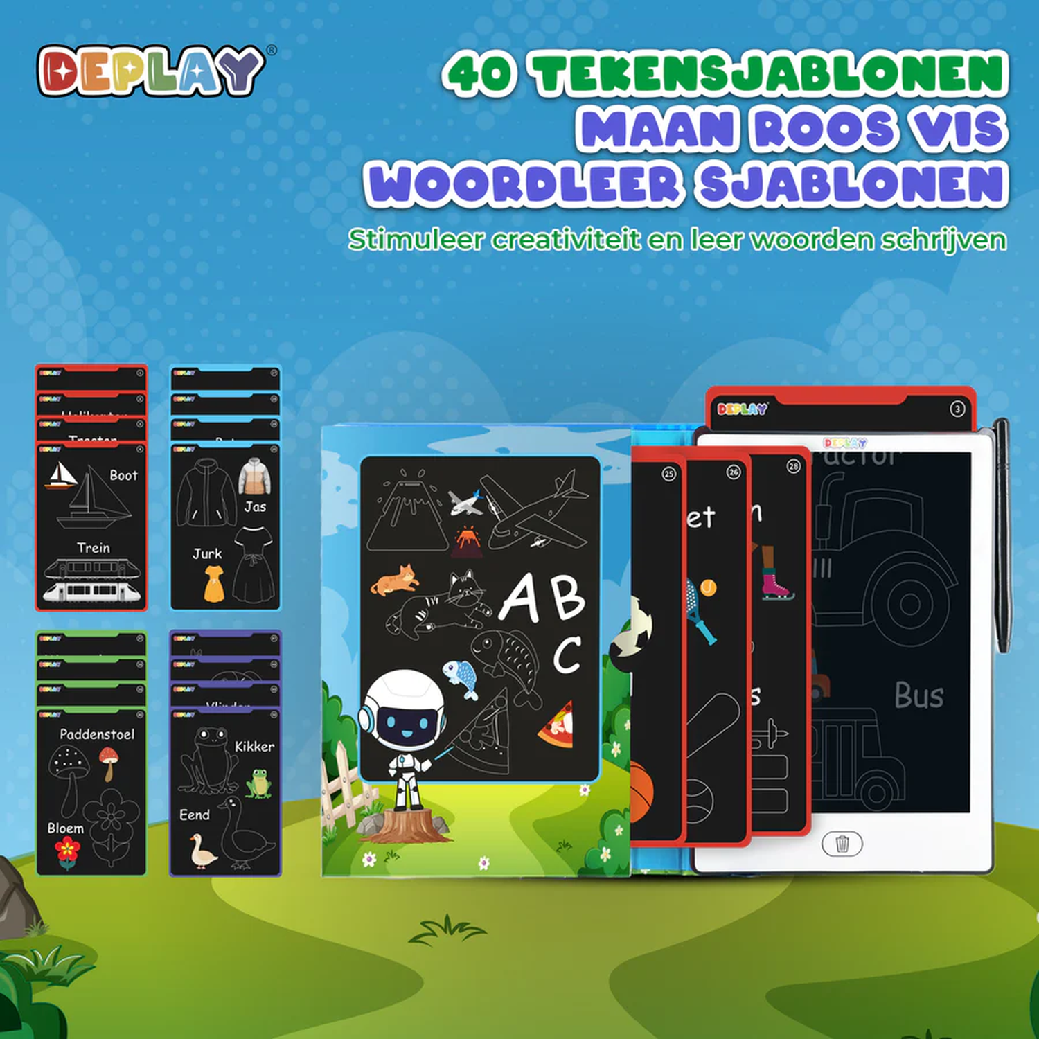 A set of drawing stencils with illustrations of objects like a boat, train, and a robot. Includes a tablet with drawings.