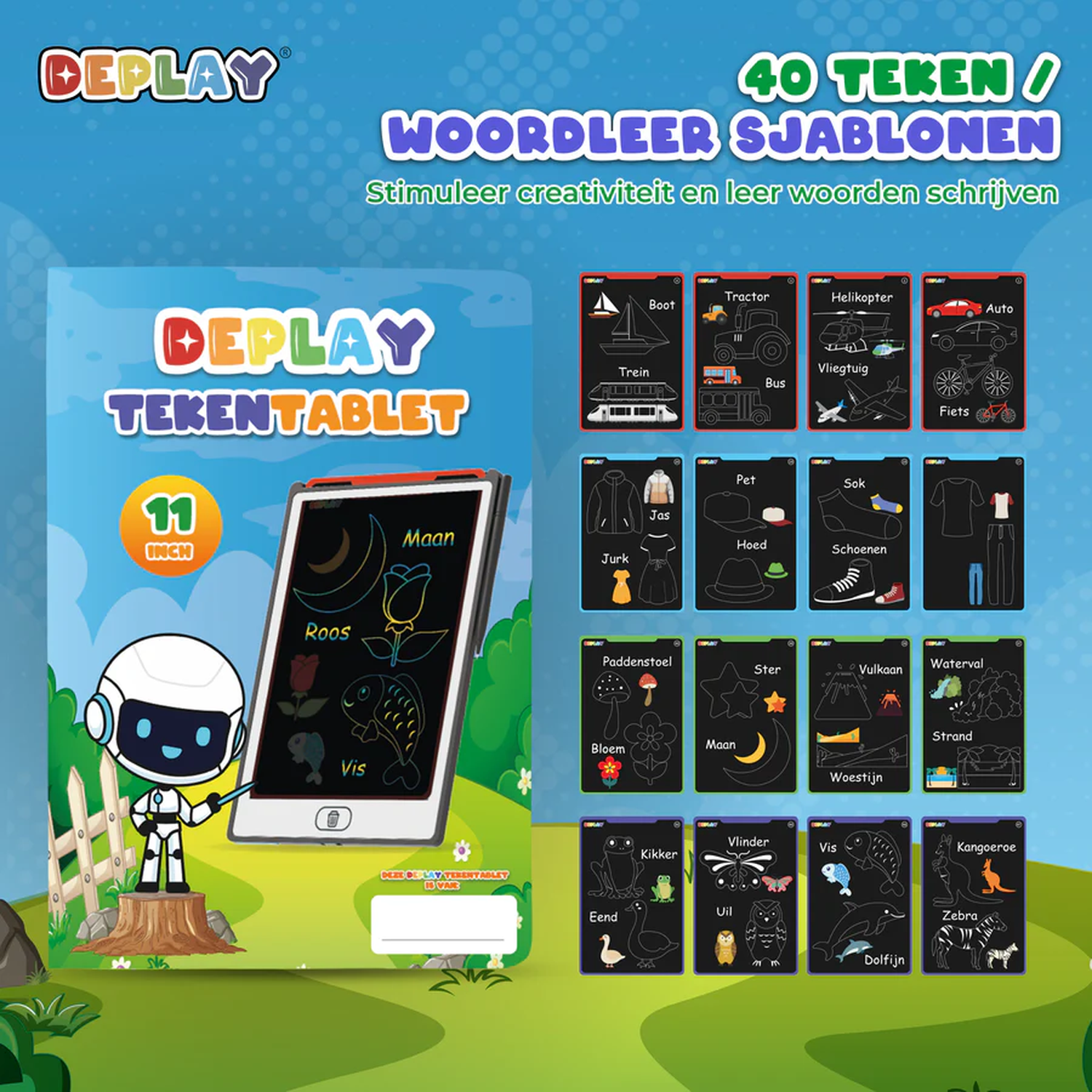 A drawing tablet with a robot and various drawing stencils for creative learning. The background shows a blue gradient.