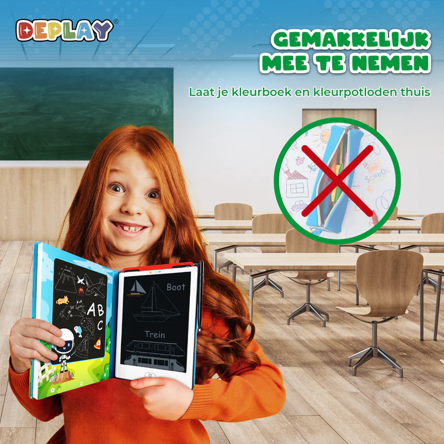 A red-haired girl holds a tablet and a book, smiling. The background is a classroom, with a sign indicating no pencils.