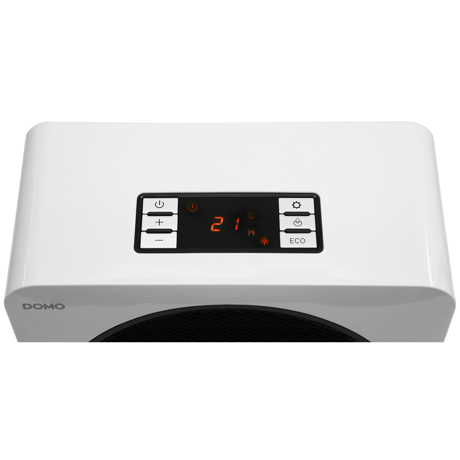 Witte elektrische kachel met zwart display met '21' in oranje. Knoppen voor aan/uit, temperatuur en instellingen zijn zichtbaar.