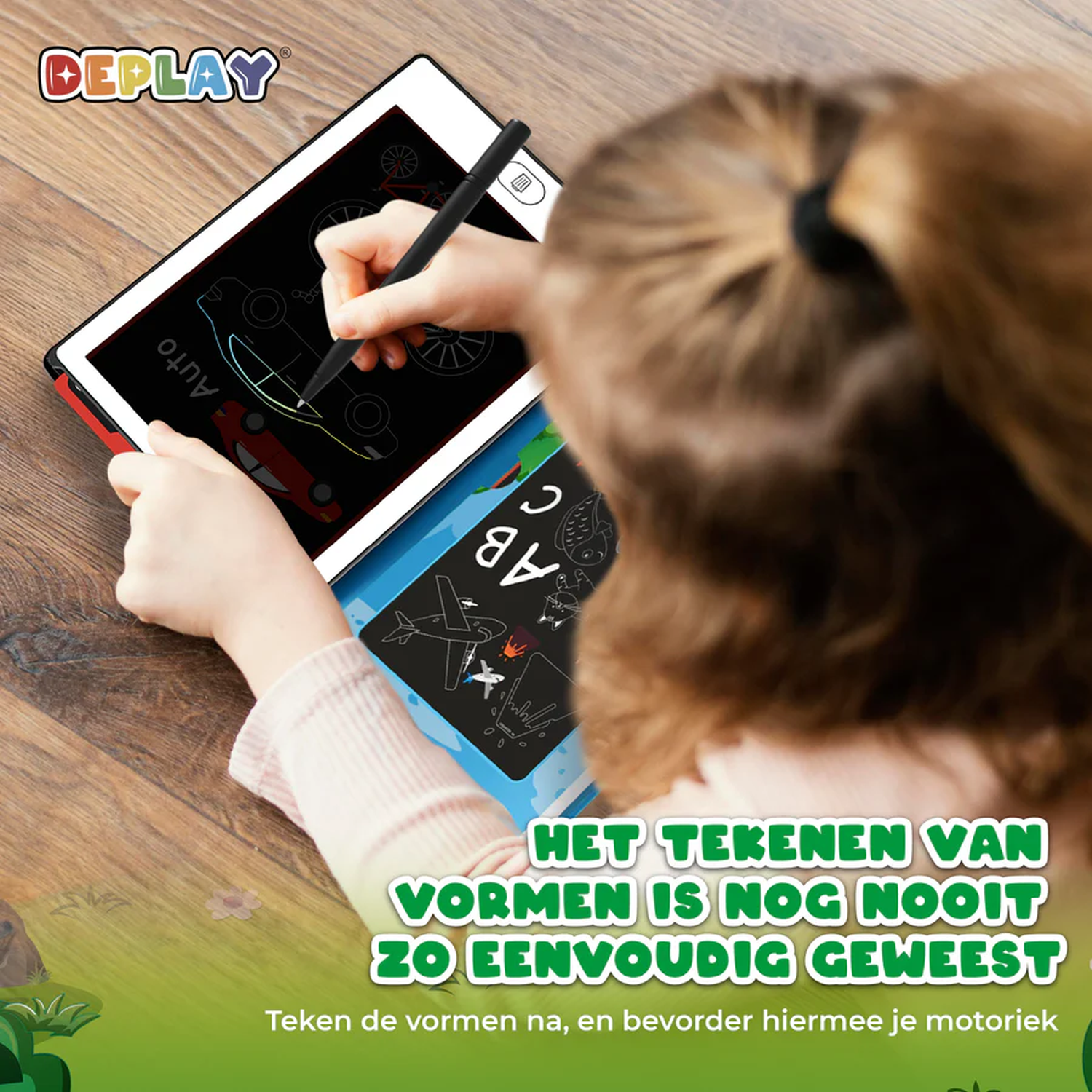 A child draws on a tablet with a stylus. The tablet shows car drawings and text. The background has text in Dutch.