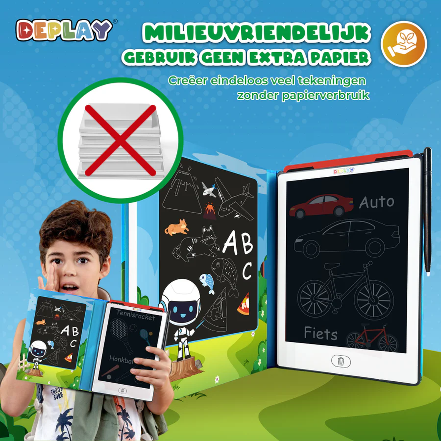 A boy holds a drawing tablet showing drawings of cars, bikes, and objects. A paper stack with a red cross is in the background.