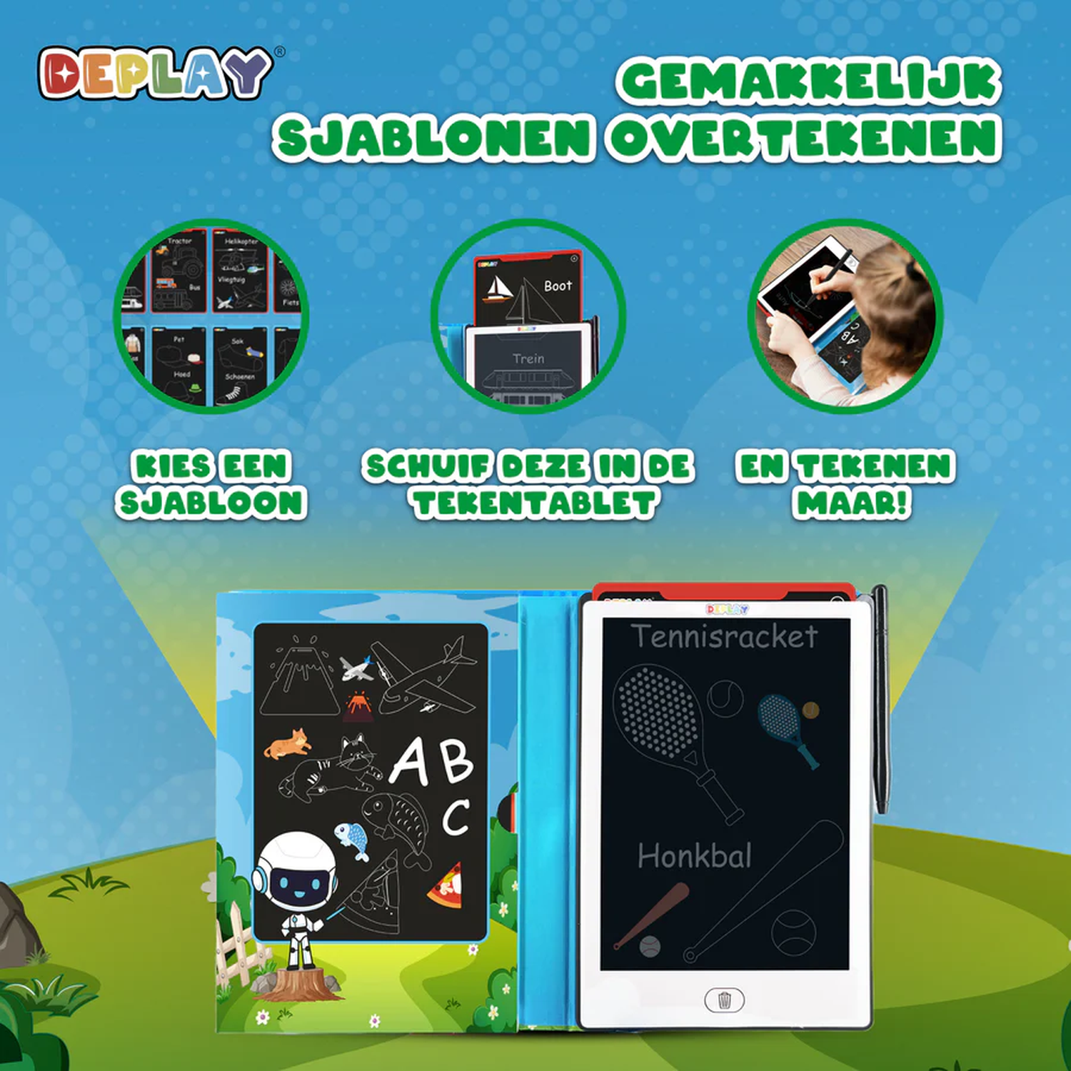 A drawing tablet with stencils, a child drawing on it. Various objects depicted: boat, train, tennis racket, and a robot character.