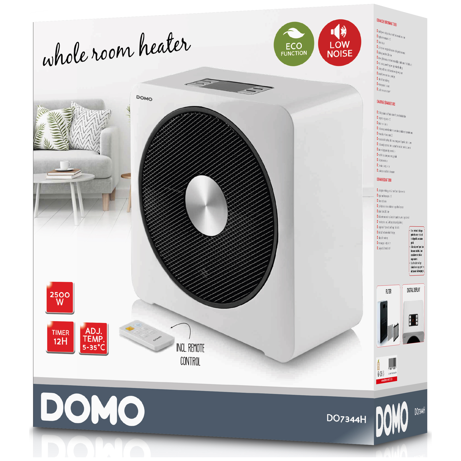 Witte 'DOMO' kamerverwarming, met afstandsbediening. Functies zijn ECO, weinig ruis en digitaal display.