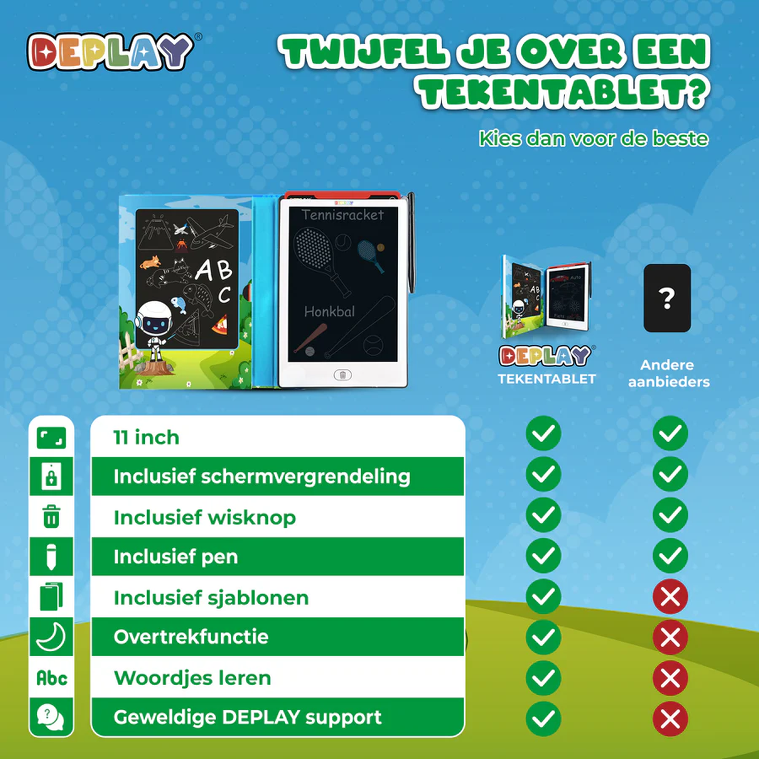 An advertisement for a drawing tablet. It features two tablets, text comparing features, and a question mark icon with the text 'Andere aanbieders'.