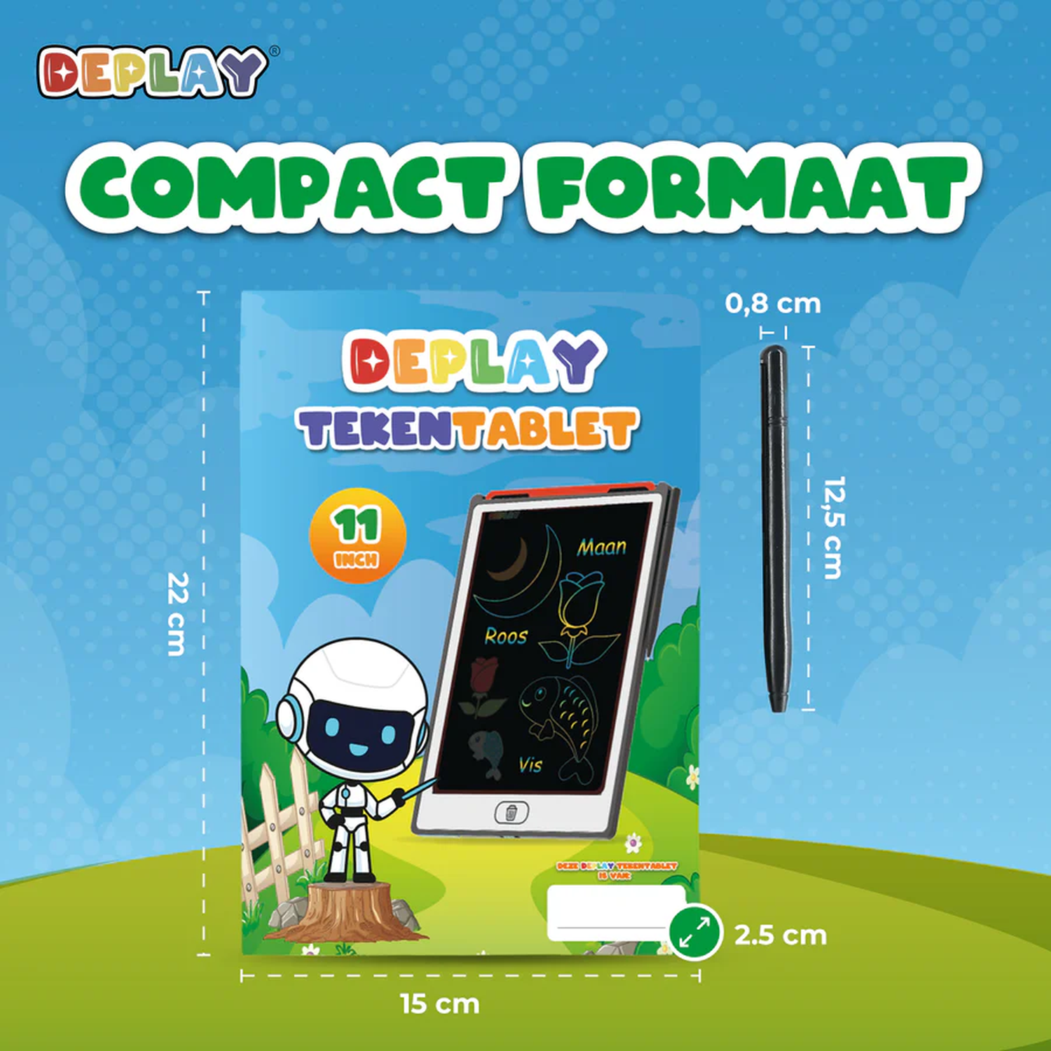 Image of a drawing tablet with a pen. Text includes 'COMPACT FORMAAT', 'TEKENTABLET', and dimensions. A robot character is present.