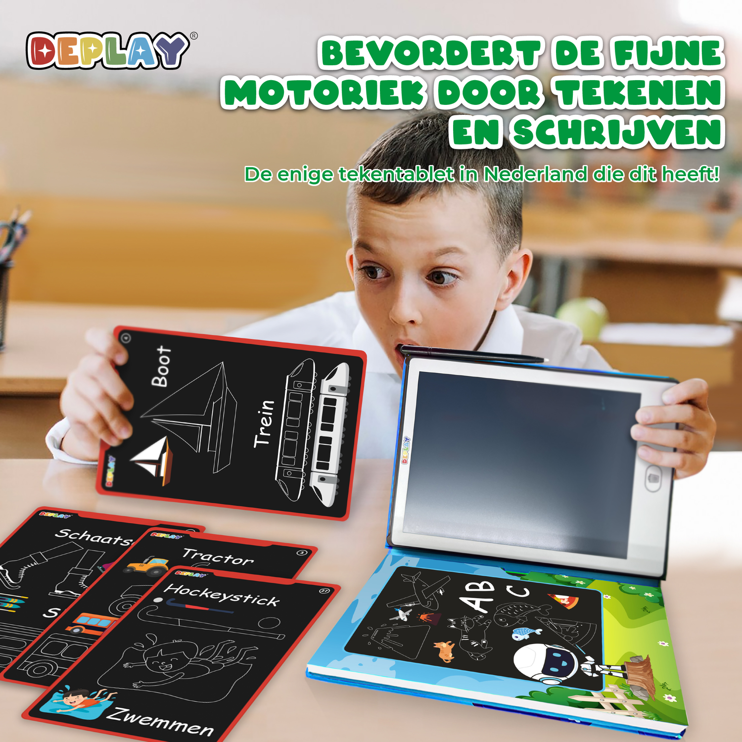 A boy is holding a tablet and some cards with drawings. Cards include a boat, train, skates, tractor, hockey stick, and swimming.