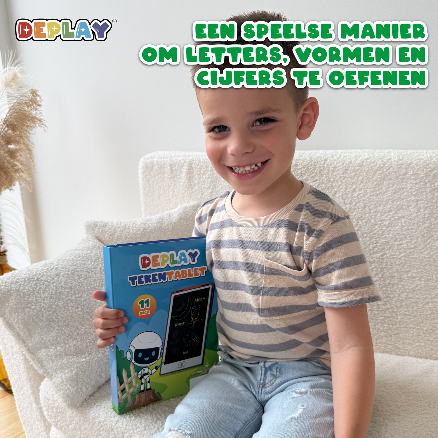 A smiling boy holds a drawing tablet. Text reads: 'A playful way to practice letters, shapes, and numbers.' The tablet is blue.
