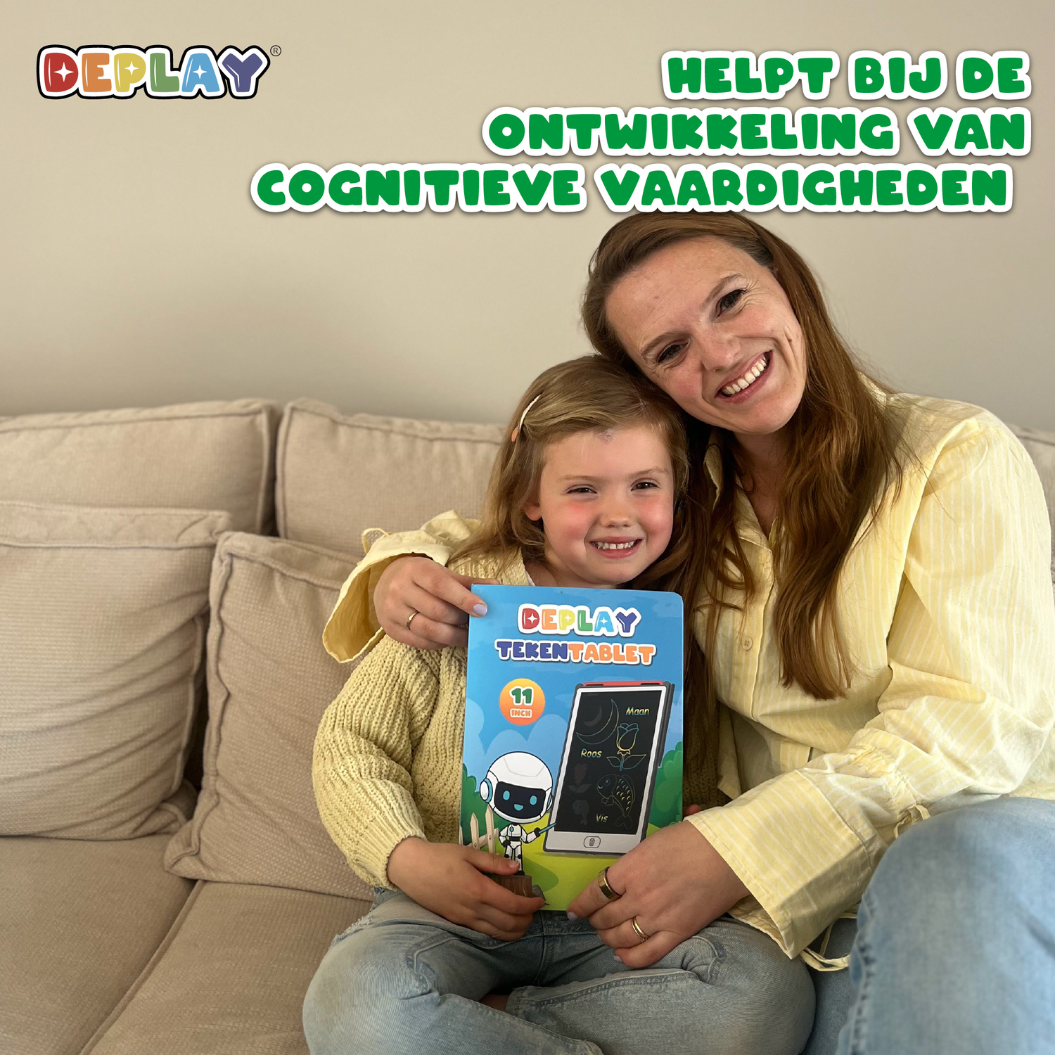 A woman and girl smile, holding a drawing tablet. Text says 'Helpt bij de ontwikkeling van cognitieve vaardigheden'.