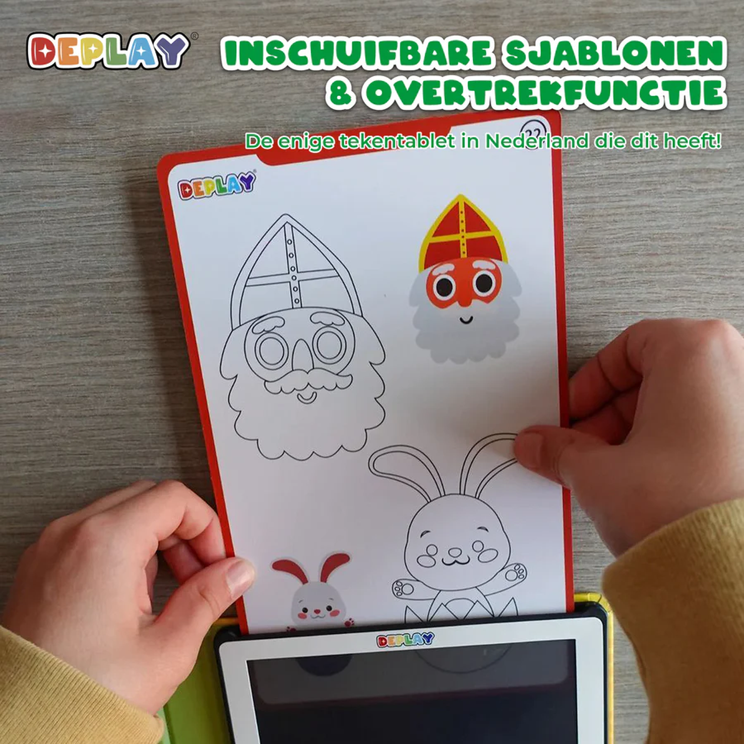 Hands holding a drawing on a tablet. The drawing features images of Santa Claus and a bunny, with the tablet's brand visible.